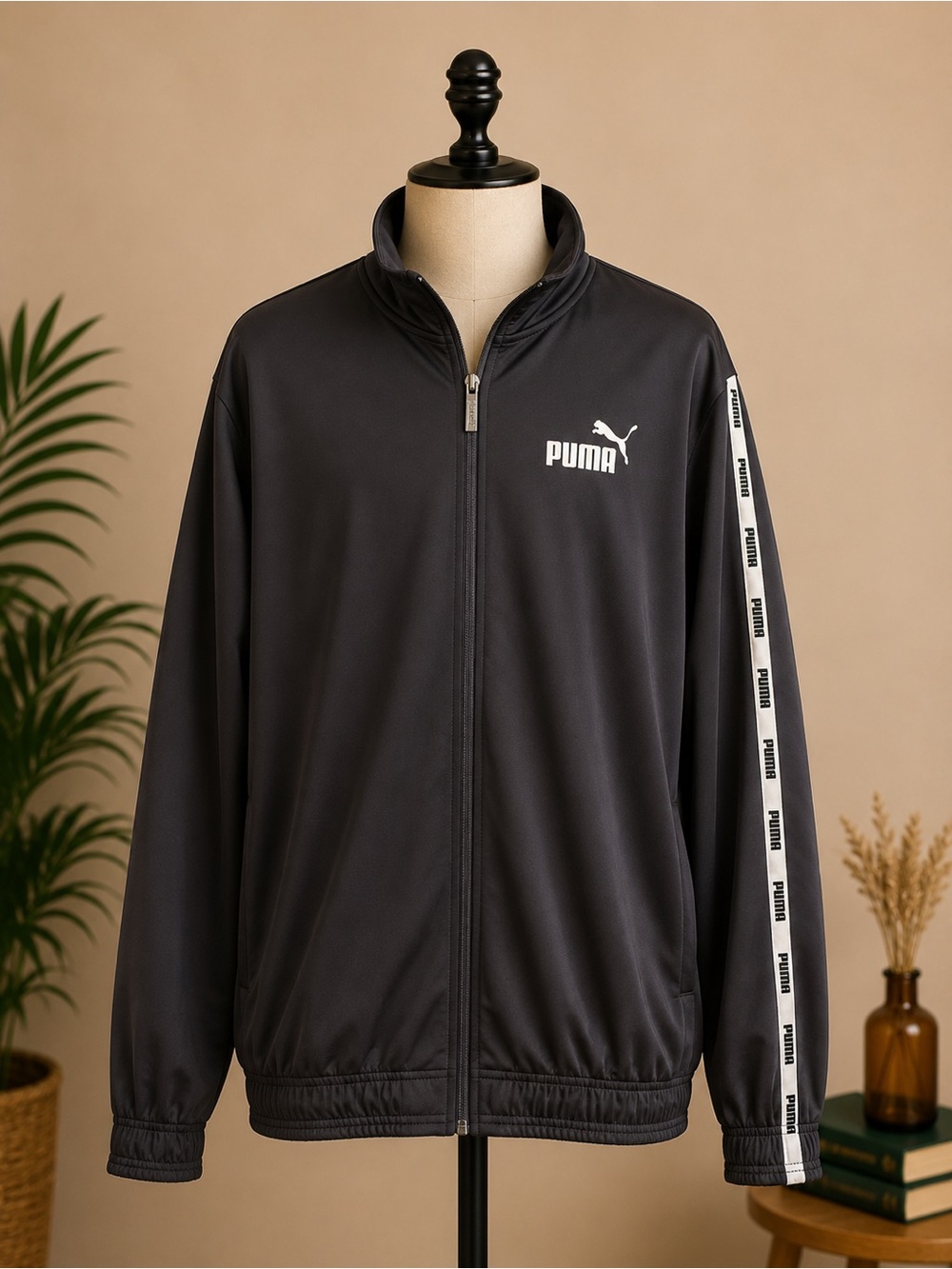 PUMA Black Zip-Up Track Jacket White Logo Tape Sleeve Size Large